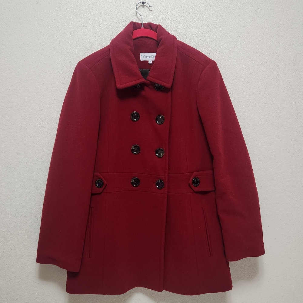 Calvin Klein Wool Blend Double Breasted Red Peacoat Coat Women's Size 14 Classic